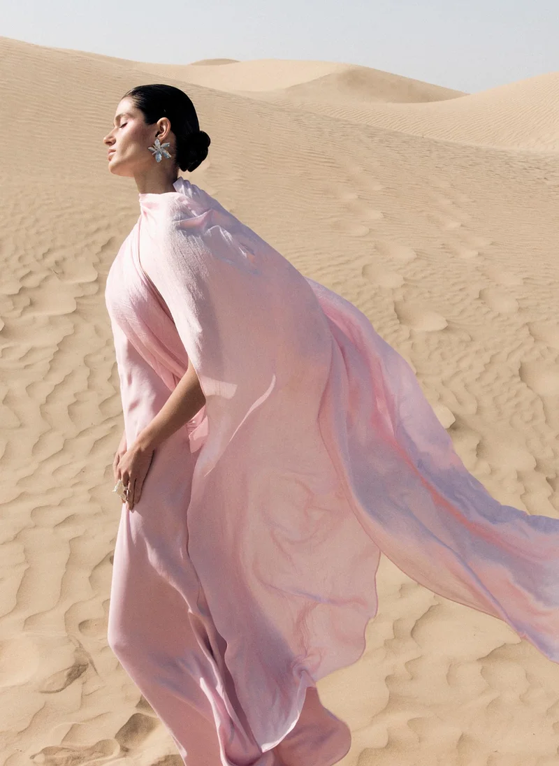 Lichi  Textured maxi dress with asymmetrical draping and cape for Women | Best Price UAE